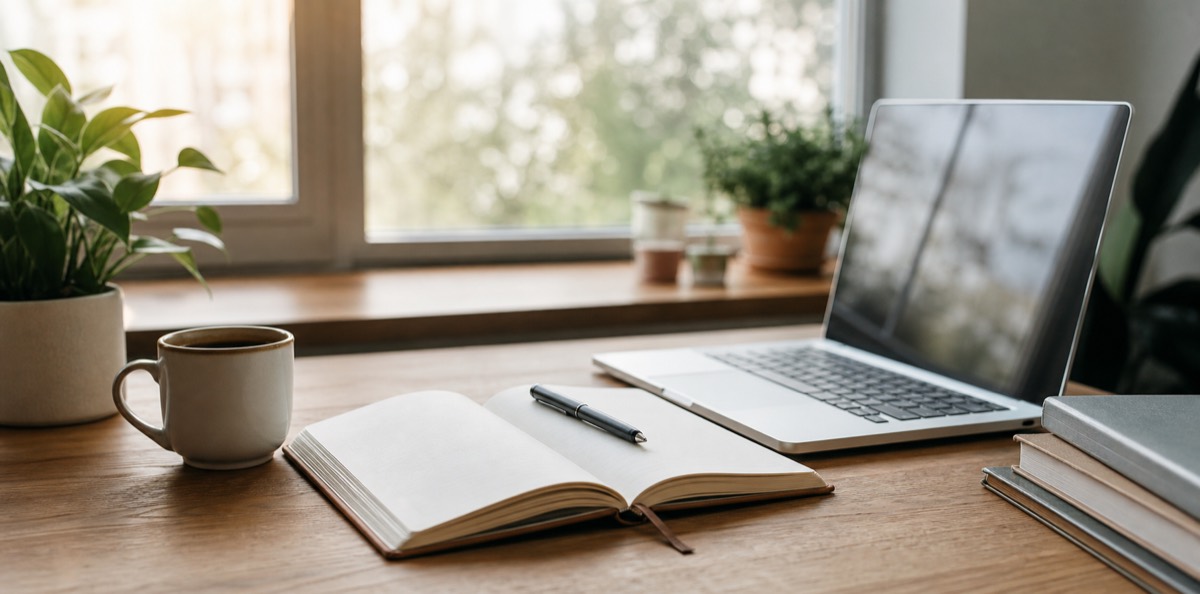 A quiet writing desk with a notebook, laptop, coffee, and soft window light
